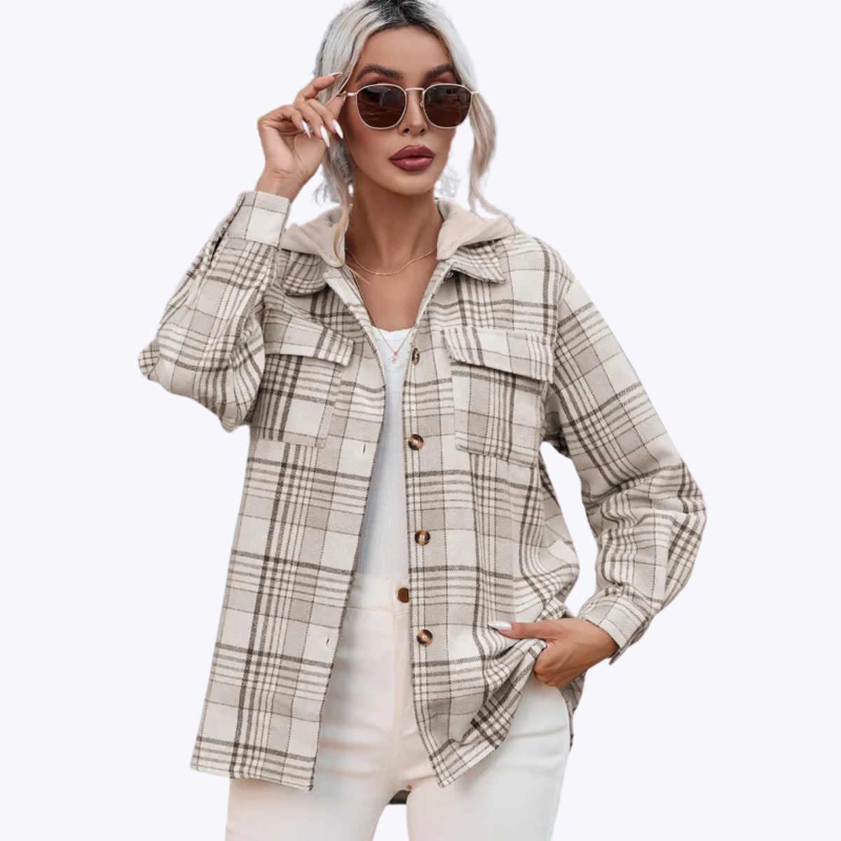 Women’s Plaid Hooded Shacket with Removable Hood