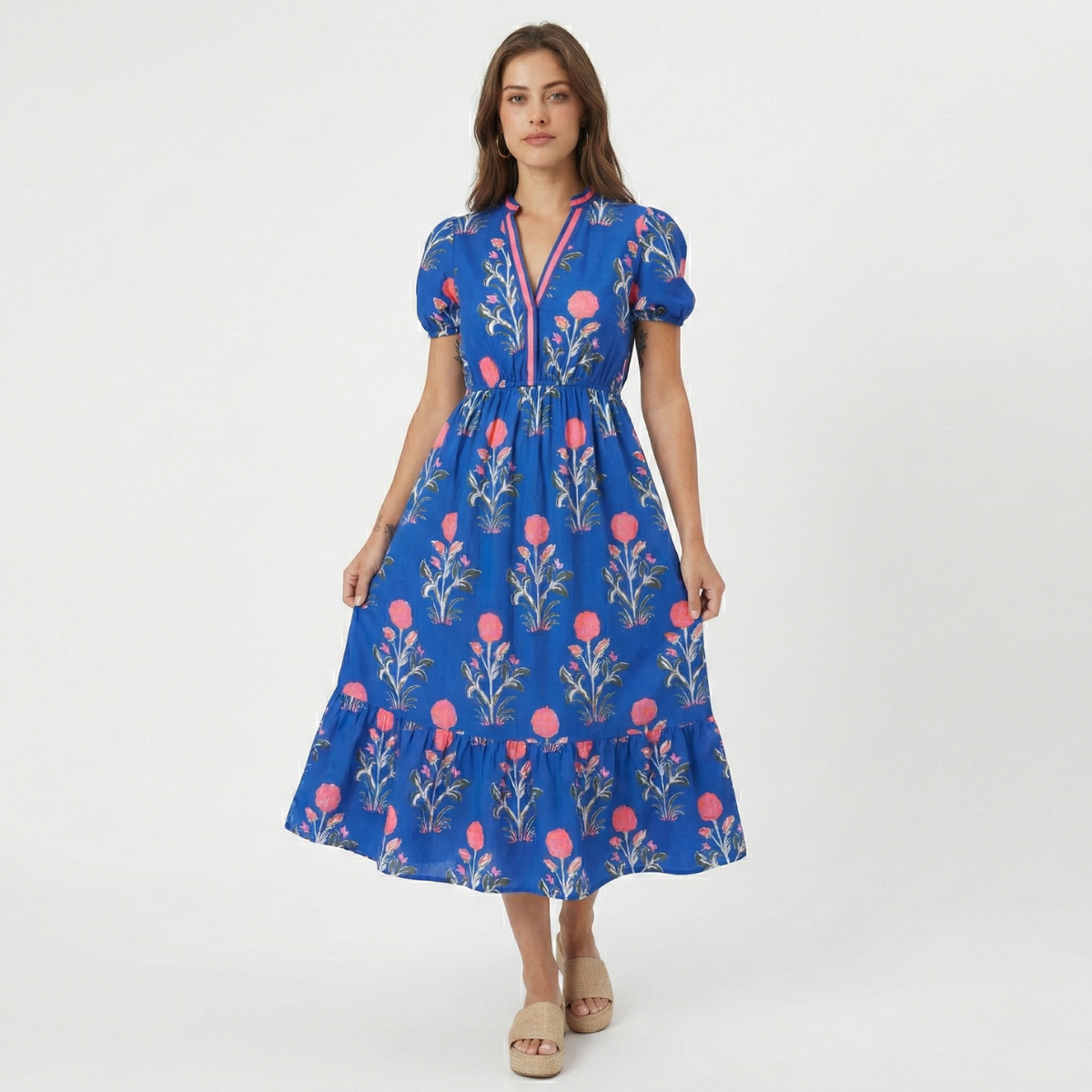 Floral Puff Sleeve V-Neck Maxi Dress