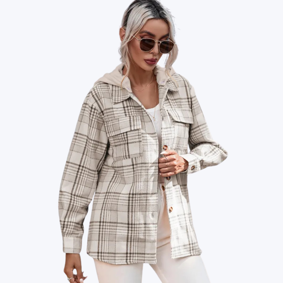 Women’s Plaid Hooded Shacket with Removable Hood