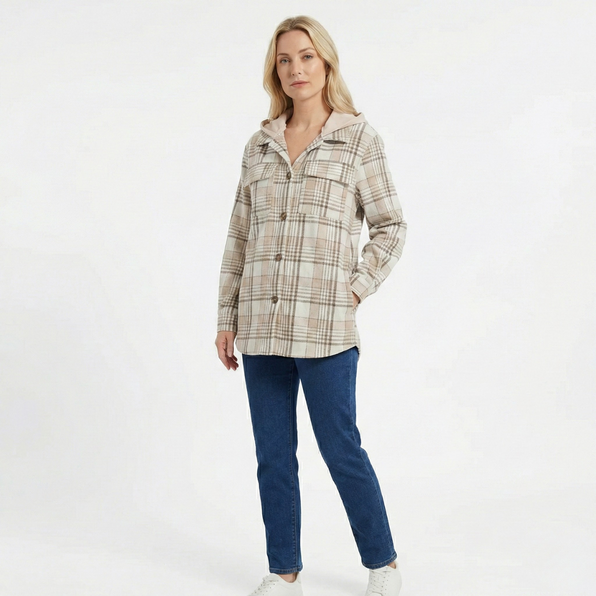 Women’s Plaid Hooded Shacket with Removable Hood
