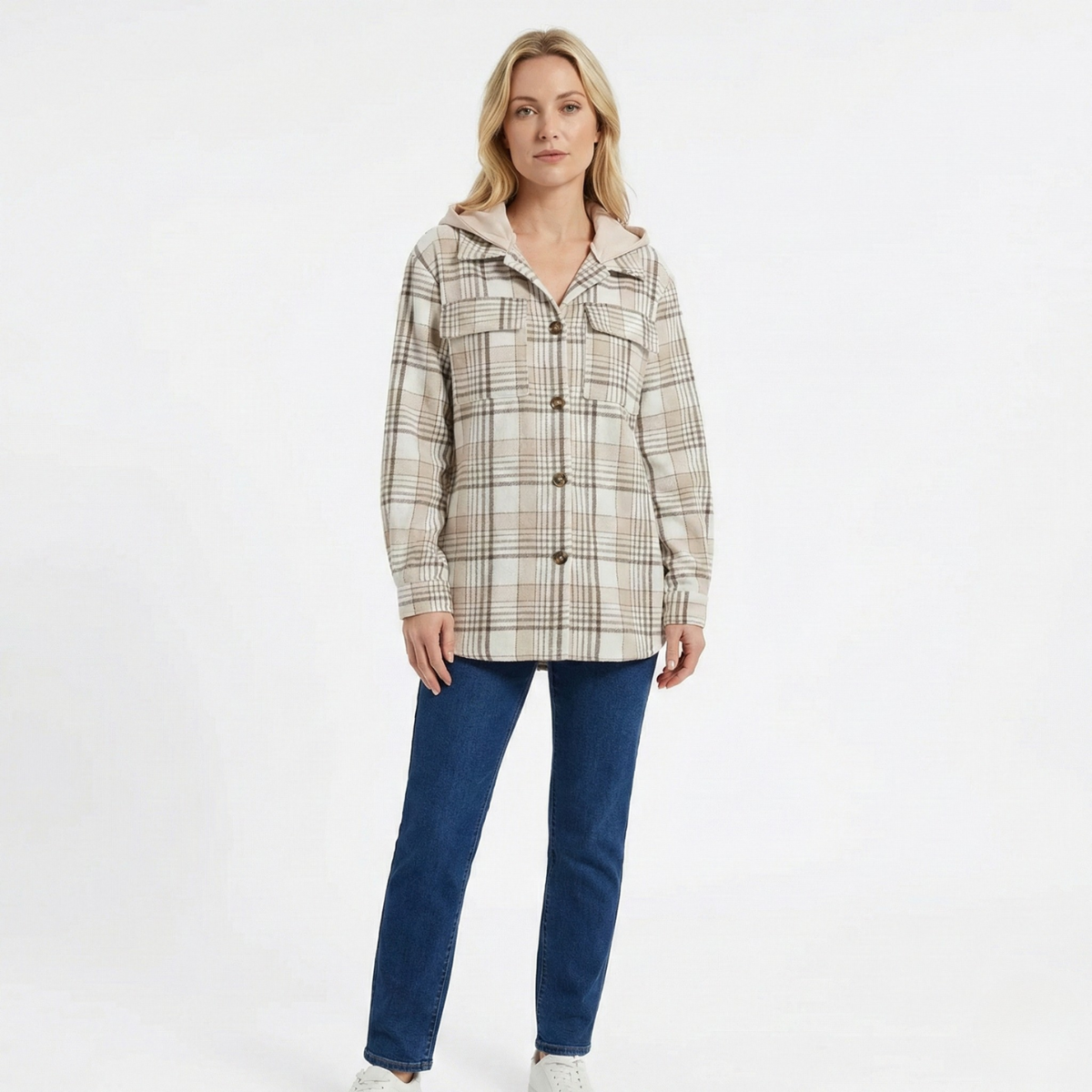 Women’s Plaid Hooded Shacket with Removable Hood