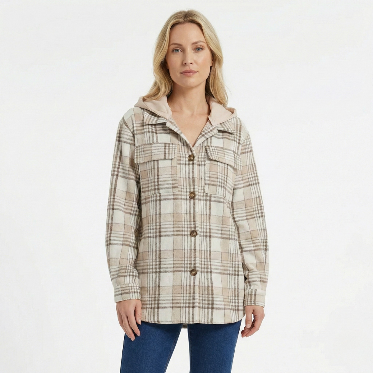 Women’s Plaid Hooded Shacket with Removable Hood