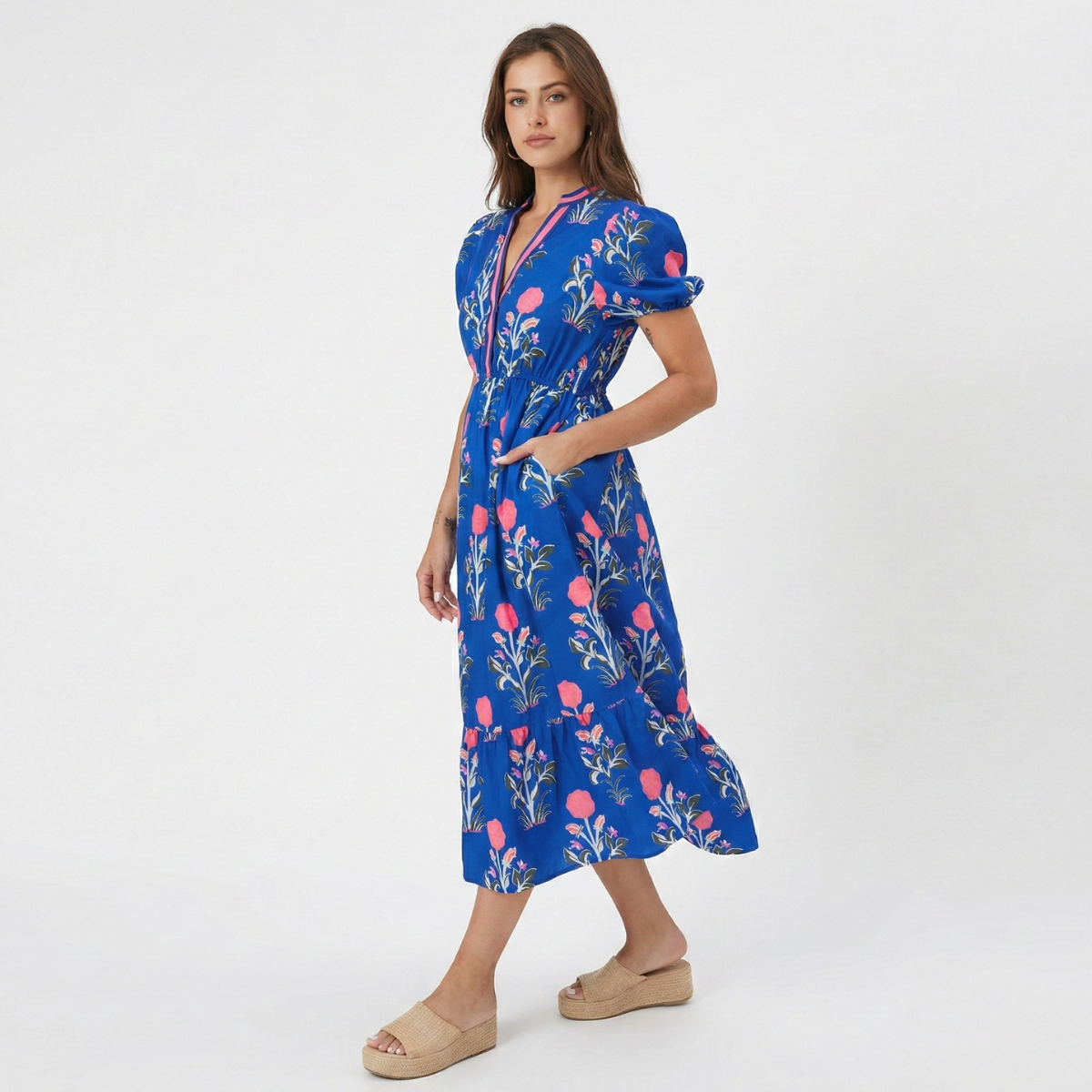 Floral Puff Sleeve V-Neck Maxi Dress